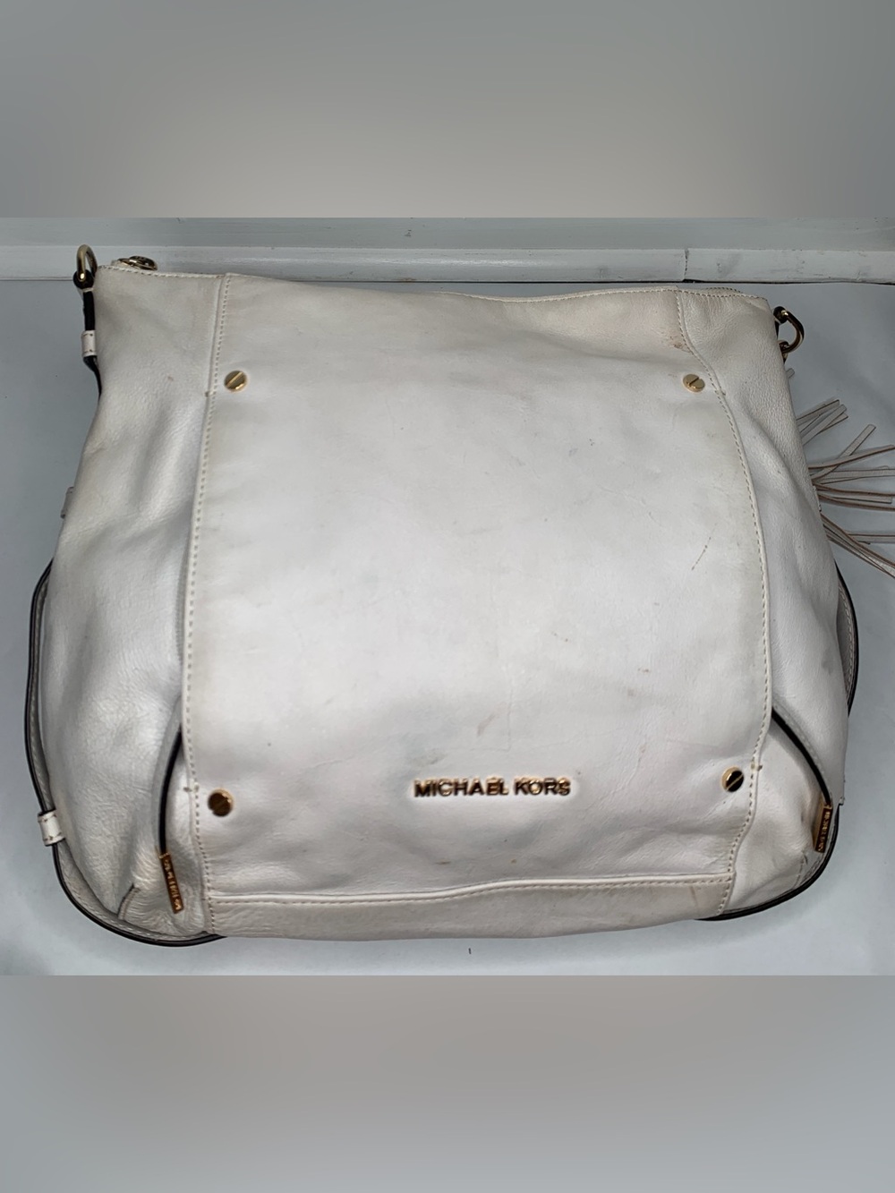 Michael Kors White Leather Messenger Bag with Gold Hardware